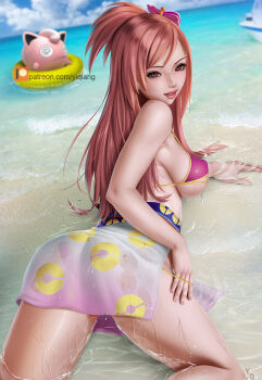 1girl ass beach breasts brown_eyes clothes_pull gen_1_pokemon jigglypuff large_breasts long_hair looking_at_viewer nail_polish nintendo nipples oichi_(sengoku_musou) one-piece_swimsuit one-piece_swimsuit_pull open_mouth panties pink_one-piece_swimsuit pink_panties pokemon pokemon_(creature) pokemon_conquest ponytail red_hair ribbon sand see-through_clothes sengoku_musou skirt smile swimsuit swimsuit_under_clothes thighs underwear very_long_hair water wet wet_breasts wet_clothes wet_panties wet_skirt wet_swimsuit yiqiang