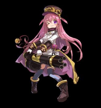 >_o 1girl belt black_background blush boots breasts brown_boots brown_hat closed_mouth coat full_body gatling_gun gloves grey_thighhighs gun hair_between_eyes hat highres holding holding_gun holding_weapon long_hair medium_breasts meglatotte_(merc_storia) merc_storia merc_storia_art_team official_art one_eye_closed pink_belt sidelocks simple_background solo standing tachi-e thighhighs two_side_up very_long_hair wavy_mouth weapon white_coat white_gloves