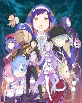 bandana bare_shoulders beatrice_(re:zero) black_hair blonde_hair blue_bandana blue_eyes blue_hair blush bowler_hat braid breasts brown_eyes butterfly-shaped_pupils capelet cat cleavage clenched_hand cloak closed_eyes cloud cover covered_face crown crown_braid cryokinesis dark-skinned_male dark_skin detached_sleeves dress drill_hair elf emilia_(re:zero) floating flower frills frown fur-trimmed_capelet fur_trim furrowed_brow gem gloves green_footwear green_gemstone green_hair green_scarf grey_cat habit hair_flower hair_ornament hair_over_one_eye hair_ribbon hair_slicked_back hand_up hat highres jacket long_hair long_sleeves looking_at_viewer maid maid_headdress mask medium_breasts melty_pristis mini_crown multiple_boys multiple_girls natsuki_subaru night night_sky official_art one_eye_closed ootsuka_shin&#039;ichirou open_mouth pink_eyes pink_hair pink_pupils pink_ribbon pointy_ears pooka_(re:zero) praying puck_(re:zero) purple_bag purple_eyes purple_hair purple_ribbon ram_(re:zero) re:zero_kara_hajimeru_isekai_seikatsu red_capelet red_eyes red_hat rem_(re:zero) ribbon ribbon-trimmed_clothes ribbon_trim rose roswaal_mansion_maid_uniform sakura_element salum_pristis scarf short_hair siblings sidelocks sisters sky smile squirrel symbol-shaped_pupils thighhighs tiga_rauleon track_jacket track_suit twin_drills twins video_game_cover white_flower white_gloves white_hair white_rose wide_sleeves wolf_(re:zero) x_hair_ornament yellow_eyes