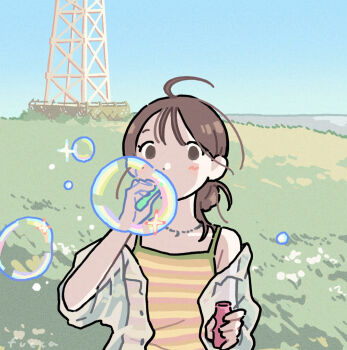 1girl ahoge blowing_bubbles blush brown_eyes brown_hair bubble collarbone commentary crescent_moon dot_nose fucca grass hair_behind_ear hair_bun jewelry looking_at_viewer moon necklace off-shoulder_shirt off_shoulder original outdoors parted_bangs see-through_clothes shirt solo striped_tank_top symbol-only_commentary tank_top transmission_tower upper_body