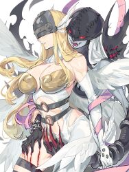 Rule 34 | 2girls, angel and devil, angel wings, angewomon, armor, black bodysuit, blonde hair, blood, blush, bodysuit, breastplate, breasts, claws, cleavage, clothing cutout, colored skin, covered eyes, cowboy shot, demon girl, digimon, digimon (creature), fangs, feathered wings, grabbing, grabbing from behind, grey skin, helmet, helmet over eyes, highres, holding another&#039;s wrist, injury, ladydevimon, large breasts, long hair, multiple girls, navel, o-ring, open mouth, pink ribbon, red eyes, ribbon, stitches, stomach cutout, teeth, torn bodysuit, torn clothes, white background, white wings, wings, yuri, zocehuy