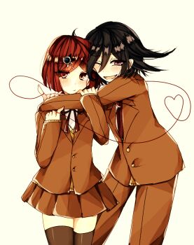 1boy 1girl arms_around_neck black_hair black_thighhighs blush brown_jacket brown_pants brown_skirt buttons collared_shirt commentary_request danganronpa_(series) danganronpa_v3:_killing_harmony flipped_hair gem_hair_ornament gomabu_(rirurutennsi) hair_between_eyes hair_ornament head_hug hetero hope's_peak_academy_school_uniform hug jacket long_sleeves looking_at_viewer medium_hair neck_ribbon oma_kokichi one_eye_closed open_mouth pants partial_commentary pleated_skirt purple_eyes red_eyes red_hair ribbon school_uniform shirt short_hair simple_background skirt smile string string_of_fate thighhighs white_background white_shirt yumeno_himiko