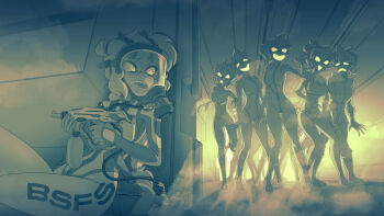 Rule 34 | backlighting, bodysuit, bsfs, clone harem, commander rab(layer industries), gas mask, glasses, gloves, gun, hiding, janine flores, latex, latex bodysuit, latex gloves, mask, mel (suichitanaka), monochrome, on floor, oxygen tank, unzipped bodysuit, weapon