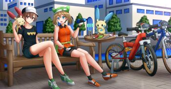 &gt;_&lt; 2girls :d arm_at_side bare_arms bare_legs bare_shoulders baseball_cap bench bicycle bike_shorts black_headwear black_shirt black_shorts blue_eyes blue_shorts blush bottle brown_eyes brown_hair building cellphone charger closed_eyes closed_mouth collarbone collared_shirt commentary commission crossed_legs crossover day electricity english_commentary flip_phone full_body gen_3_pokemon gloves green_footwear green_headwear hand_up happy hat heart highres holding holding_bottle kazenokaze looking_at_another matching_hair/eyes may_(pokemon) may_(pokemon_emerald) minun misaka_mikoto multiple_girls neck nintendo on_bench open_mouth orange_shirt orange_shoes outdoors park_bench phone plusle pokemon pokemon_(creature) pokemon_emerald pokemon_rse ponytail shadow shirt shoes short_hair short_ponytail short_shorts shorts sitting sleeveless sleeveless_shirt smile sootopolis_city table toaru_kagaku_no_railgun toaru_kagaku_no_railgun_s toaru_majutsu_no_index water white_gloves