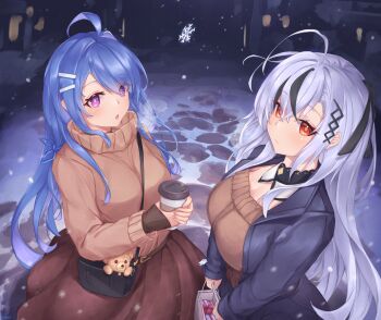 2girls absurdres ahoge azur_lane bag black_hair black_jacket blue_hair borrowed_character box breasts bright_pupils brown_skirt brown_sweater closed_mouth cobblestone commentary cup disposable_cup dutch_angle english_commentary from_above gift gift_box grey_hair hair_ornament hairclip handbag helena_(azur_lane) highres holding holding_cup jacket kyl490 large_breasts long_hair looking_at_viewer multicolored_hair multiple_girls night open_mouth original outdoors purple_eyes red_eyes shopping_bag sidelocks skirt snow snowflakes snowing streaked_hair sweater swept_bangs very_long_hair