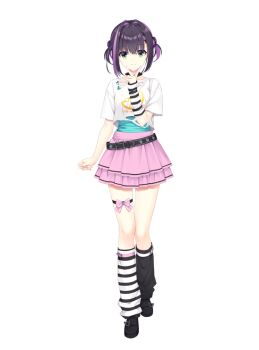 Rule 34 | 1girl, asymmetrical legwear, belt, black leg warmers, black shoes, brown hair, closed mouth, full body, green eyes, kobuichi, leg warmers, limelight lemonade jam, looking at viewer, loose belt, mismatched legwear, multicolored hair, nabari anju, official art, pink skirt, purple hair, shirt, shoes, short sleeves, skirt, smile, solo, streaked hair, striped leg warmers, tachi-e, thigh strap, transparent background, two-tone hair, white leg warmers, white shirt, yuzusoft