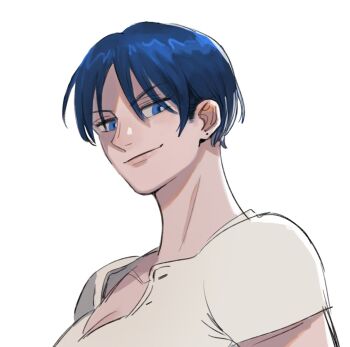1girl aged_up blue_eyes blue_hair breasts cleavage closed_mouth collarbone commentary hair_between_eyes highres looking_at_viewer mcbuckwheat one_piece shimotsuki_kuina shirt short_hair short_sleeves smile solo symbol-only_commentary tomboy white_background white_shirt