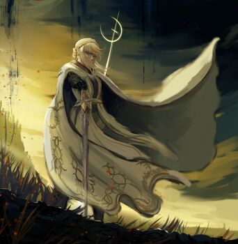 Rule 34 | 1girl, armor, blonde hair, braid, cloak, closed mouth, elden ring, elden ring: shadow of the erdtree, highres, holding, holding sword, holding weapon, knight, long hair, looking at viewer, needle knight leda, ornate, ornate armor, planted, planted sword, planted weapon, sakku art, shaded face, solo, sword, weapon, white cloak