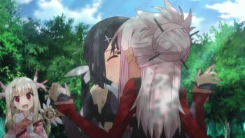 3girls animated animated_gif anime_screenshot arm_grab black_hair blush cheating_(relationship) chloe_von_einzbern chloe_von_einzbern_(archer_install) cloud empty_eyes fate/kaleid_liner_prisma_illya fate_(series) female_focus forced french_kiss holding_another&#039;s_wrist illyasviel_von_einzbern kiss loli lowres magical_girl magical_ruby miyu_edelfelt miyu_edelfelt_(magical_girl) multiple_girls nature netorare non-web_source outdoors sky struggling tears tree wand white_hair yuri