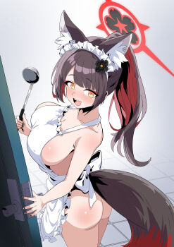 1girl absurdres alternate_costume animal_ear_fluff animal_ears apron ass black_flower blue_archive blush bomnamul bow bowtie breasts brown_hair cleavage collarbone covered_erect_nipples brown_hair door doorknob extra_ears eyelashes fang female_focus fingernails flower flower_on_head fox_ears fox_girl fox_tail frills halo halo_behind_head highres holding holding_ladle indoors ladle large_breasts long_hair looking_at_viewer looking_back multicolored_hair naked_apron no_bra no_panties open_mouth ponytail red_hair sideboob simple_background smile solo standing tail teeth thighs tongue upper_body upper_teeth_only very_long_hair wakamo_(blue_archive) white_apron white_background yellow_eyes
