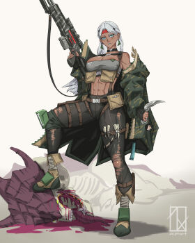 1girl abs absurdres ammunition_pouch artist_name bandana belt bipod blue_hair boots breasts catachan_jungle_fighter charm_(object) choker cleavage corpse dagger dark_skin earrings fang highres jacket jewelry karambit knee_pads knife large_breasts lasgun long_hair multiple_tongues open_clothes open_jacket pants pouch red_bandana scope signature simple_background suspenders tank_top toned torn_clothes torn_pants tyranid warhammer_40k weapon white_background white_hair zephart