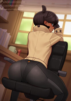ass ass_focus black_hair blush bodysuit chair cup dark-skinned_female dark_skin emma_(pokemon) from_behind gloves jacket looking_back mug nintendo pokemon pokemon_legends:_z-a roncostar short_hair sitting table window