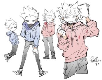 Rule 34 | 2boys, animification, bad id, bad twitter id, black pants, black shoes, blue hoodie, checkered shoes, cigar, cropped legs, eddsworld, from side, full body, grin, hair ears, holding, hollow eyes, hood, hood down, hoodie, inactive account, long sleeves, looking at viewer, looking up, male focus, multiple boys, multiple views, nana (ebitokanimiso), painttool sai (medium), pants, partially colored, red hoodie, shoes, simple background, sketch, smile, spiked hair, tom (eddsworld), tord (eddsworld), translation request, white background