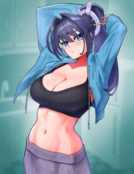 1girl absurdres arms_up black_hair blue_eyes blue_jacket breasts cleavage closed_mouth commentary crop_top english_commentary faucet grey_pants hair_intakes highres hololive hololive_english indoors jacket kitchen large_breasts long_hair navel ouro_kronii pants ponytail refrigerator sink solo virtual_youtuber yodokogon