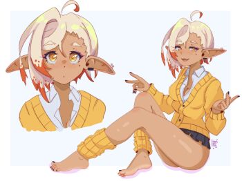 1girl asymmetrical_hair bare_legs barefoot black_nails blonde_hair blush border breasts cleavage collared_shirt colored_tips commentary dark-skinned_female dark_skin ear_piercing elf english_commentary feet full_body grey_background hands_up highres leg_warmers legs looking_at_viewer medium_breasts microskirt mole mole_under_eye multicolored_hair multiple_views nail_polish open_mouth orange_eyes orange_hair original piercing pointy_ears school_uniform shirt signature skirt thighs toenail_polish toenails toes treepxiv white_border yellow_leg_warmers