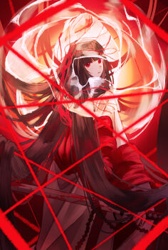 1girl black_hair blood bloody_weapon bridal_veil gloria91927 hashtag-only_commentary highres holding holding_sword holding_weapon japanese_clothes katana kimono limbus_company long_hair looking_at_viewer looking_back open_mouth project_moon red_eyes ryoshu_(project_moon) see-through_clothes shiromuku solo sword uchikake veil wataboushi weapon