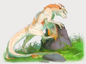 Rule 34 | animal focus, art fight attack, borrowed character, colored extremities, commentary, day, dragon, english commentary, gift art, grass, grin, head tilt, highres, horns, looking at viewer, no humans, original, outdoors, red eyes, rock, scales, smile, toebeez