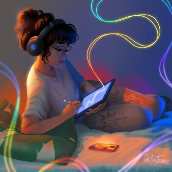 1girl absurdres artist_self-insert casual cellphone drawing drawing_tablet glasses grey-framed_eyewear grey_leggings hair_bun headphones highres holding holding_stylus leggings lips listening_to_music nose on_bed pantyhose phone pillow print_legwear print_pantyhose rainjeanne real_life shirt signature single_hair_bun smartphone solo stylus t-shirt updo wireless