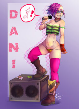 1girl abs asymmetrical_hair biohazard_symbol boots bracelet braces brown_boots character_name choker commentary covered_erect_nipples dani_(nerdbayne) dated english_commentary eyebrow_piercing face_piercing facepaint full_body green_eyes green_shirt holding holding_microphone jewelry microphone musical_note necklace nerdbayne open_mouth original panties piercing pink_hair pink_thighhighs punk red_choker shirt short_hair sidecut sidelocks signature solo speaker spoken_musical_note standing striped_clothes striped_shirt teeth thighhighs tongue_piercing undercut underwear yellow_panties