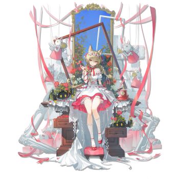 Rule 34 | 1girl, animal ear fluff, antique phone, arknights, arrow (projectile), beanstalk (arknights), beanstalk (ribbons of promise) (arknights), blonde hair, bow, bow (weapon), box, braid, breasts, brick wall, collar, doll, domesticated metal crab (arknights), dress, flower, footwear bow, frilled collar, frilled dress, frilled sleeves, frilled socks, frills, full body, gift, gift box, gradient eyes, grin, hair between eyes, hair bow, hairband, heart, heart arrow, highres, holding, holding arrow, holding bow (weapon), holding instrument, holding phone, holding trumpet, holding weapon, hyena ears, hyena girl, hyena tail, instrument, kang yiqian (self cultivation), lace, lace-trimmed skirt, lace trim, layered skirt, long hair, mary janes, multicolored eyes, nail polish, neck ribbon, official alternate costume, official art, on table, overskirt, phone, picture frame, praying, puffy short sleeves, puffy sleeves, red bow, red eyes, red flower, red hairband, red nails, red ribbon, red rose, red shoes, red skirt, ribbon, rose, rotary phone, see-through clothes, see-through socks, shoes, short sleeves, sitting, skirt, small breasts, smile, socks, solo, table, tachi-e, thigh strap, third-party source, transparent background, trumpet, twin braids, valentine, vanity table, weapon, white bow, white dress, white flower, white socks, window, wooden table, yellow eyes