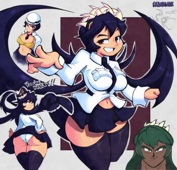Rule 34 | 2girls, absurdres, ass, bra, breasts, filia (skullgirls), fukua (skullgirls), hat, highres, looking at viewer, multiple girls, navel, necktie, panties, red eyes, saguinee, samson (skullgirls), shamone (skullgirls), shirt, skirt, skullgirls, smile, standing, stomach, teeth, thighhighs, underwear, white panties, zettai ryouiki