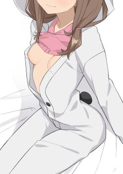 1girl azusagawa_kaede bed_sheet breasts brown_hair closed_mouth clothes_lift cropped_head frown highres hood long_hair long_sleeves morisobo nipples onesie pink_shirt seishun_buta_yarou shirt shirt_lift sitting small_breasts solo unbuttoned wariza