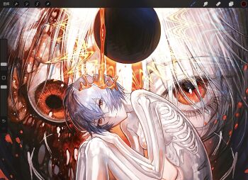 1girl art_program_in_frame ayanami_rei black_moon blue_hair bone breasts eyeball eyelashes highres huli_xiaobai lcl looking_at_viewer medium_breasts moon neon_genesis_evangelion red_eyes ribs see-through_body skeleton solo surreal the_end_of_evangelion