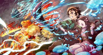 1girl 4boys absurdres agatsuma_zenitsu arms_up artist_name attack bamboo battle black_hair black_haori black_pants black_shirt blonde_hair boar_mask brother_and_sister brown_hair checkered_haori clenched_teeth closed_mouth commentary_request demon_slayer_uniform dual_wielding dynamic_pose earrings electricity fire flame_print green_haori hanafuda_earrings haori hashibira_inosuke highres holding holding_hands holding_sword holding_weapon interlocked_fingers japanese_clothes jewelry kamado_nezuko kamado_tanjirou katana kimetsu_no_yaiba kimono long_hair medium_hair multiple_boys obi pants pink_kimono red_hair rengoku_kyoujurou sash scar scar_on_face scar_on_forehead shirt short_hair siblings signature standing sword teeth topless_male tusks water weapon wind yellow_eyes yellow_haori yoshinaga_masahiro