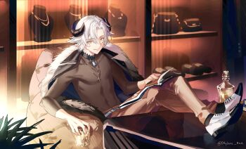 1boy alcohol algorhythm_project animal_ears baabel_(algorhythm_project) bag bell belt belt_buckle black_coat black_collar black_socks blue_belt book book_stack bottle brown_shirt buckle chair coat coat_on_shoulders collar compression_shirt cross cross_necklace crossed_legs cup curtained_hair dress_shoes drinking_glass easy_chair ethylene_ty feet_on_table fur-trimmed_coat fur_trim glass_table hair_between_eyes handbag highres holding holding_cup horns ice ice_cube jewelry long_sleeves magazine_(object) male_focus mannequin neck_bell necklace open_book orange_pants pants pendant plant saddle_shoes sheep_boy sheep_ears sheep_horns shelf shirt shoes short_hair sideways_glance sitting smile socks solo table thai_commentary unworn_jewelry unworn_necklace unworn_shoes virtual_youtuber white_hair white_shoes yellow_eyes