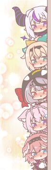 5girls absurdres animal_ear_fluff animal_ears black_dress black_hair black_hairband black_shorts blue_eyes blush bow braid brown_hair collared_shirt commentary_request crown_braid demon_horns dress ears_down feathered_wings grey_hair hairband hakui_koyori hakui_koyori_(1st_costume) head_wings highres hololive holox hood hood_up horns kazama_iroha kazama_iroha_(1st_costume) la+_darknesss la+_darknesss_(1st_costume) long_sleeves mitarashi_neko multicolored_hair multiple_girls nose_blush peeking_out pink_hair pink_wings plaid_bow ponytail puffy_long_sleeves puffy_sleeves purple_eyes purple_hair red_bow red_eyes sakamata_chloe sakamata_chloe_(1st_costume) shirt shorts streaked_hair takane_lui takane_lui_(1st_costume) tears virtual_youtuber white_shirt wings