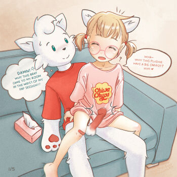 1boy 1girl age_difference animal_ears bandaid bandaid_on_leg blonde_hair blush brand_name_imitation candy censored chupa_chups couch english_text erection fake_animal_ears flat_chest food furry furry_male furry_with_non-furry girl_on_top glasses hetero highres interspecies loli lollipop monchichiwa mosaic_censoring on_couch panties panty_peek penis reverse_upright_straddle sex sex_from_behind sitting sitting_on_lap sitting_on_person speech_bubble tagme testicles tissue_box twintails underwear walk-in white_panties