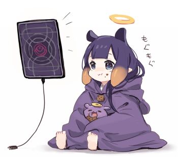 1girl 1other =_= ao-chan_(ninomae_ina'nis) barefoot blue_eyes blunt_bangs cable closed_mouth cookie crumbs eating emphasis_lines food food_on_face halo hololive hololive_english hood hoodie long_hair looking_afar ninomae_ina'nis open_mouth plug purple_hair purple_hoodie simple_background sitting sitting_on_lap sitting_on_person takodachi_(ninomae_ina'nis) tentacle_hair toes traditional_halo translation_request virtual_youtuber white_background yuuyu_(777)