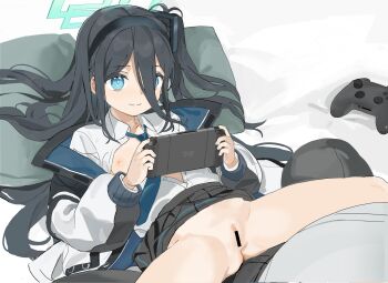 1boy 1girl aqua_halo aris_(blue_archive) bar_censor black_hair black_hairband black_skirt blue_archive censored closed_mouth controller flat_chest game_controller hair_between_eyes hairband halo handheld_game_console hetero highres holding holding_handheld_game_console loli nipples pussy skirt smile solo_focus spread_legs yuki_hotaru