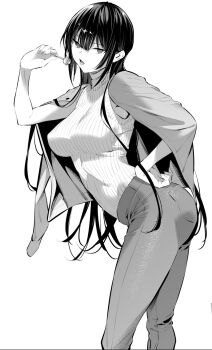 1girl black_hair breasts candy food from_side haite_kudasai_takamine-san hand_on_own_hip highres hiiragi_yuuichi holding holding_candy holding_food holding_lollipop large_breasts lollipop long_hair monochrome open_mouth pocket ribbed_shirt shirt sleeveless sleeveless_shirt solo takamine_takane tongue
