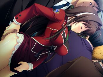 1girl 4boys ahoge blazer blonde_hair blush bow breasts brown_hair chikan closed_eyes clothes_lift dutch_angle formal_clothes game_cg grabbing_another's_ass groping hair_intakes hairband hetero jacket large_breasts long_hair long_sleeves maishima_yuri molestation multiple_boys necktie nerawareta_megami_tenshi_angel_tear non-web_source official_art profile public_indecency red_jacket school_uniform skirt skirt_lift solo_focus suit sweat train_interior tsukumo_kazuita variant_set