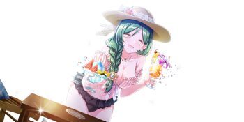 1girl bikini black_bikini blue_gemstone braid breasts brown_hat chair cherry cleavage collarbone cup detached_sleeves doily drink drinking_glass dutch_angle earrings facing_viewer flower flower_earrings flower_in_drink food fruit game_cg gem green_hair hair_ornament hat hat_ribbon hibiscus highres holding holding_cup holding_drink incoming_food jewelry lace_ribbon lapis_re:lights large_breasts leaning_forward lemon lemon_slice long_braid millefeuille_(lapis_re:lights) mismatched_bikini navel necklace official_art open_mouth pink_flower purple_flower ribbon shaved_ice short_sleeves simple_background single_braid smile solo sparkle straw_hat striped_bikini striped_clothes swimsuit table third-party_source transparent_background vertical-striped_bikini vertical-striped_clothes watermelon watermelon_slice white_bikini white_flower white_ribbon wooden_chair wooden_table