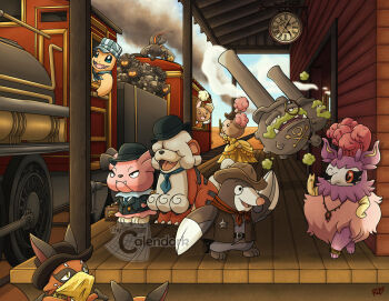 alternate_color analog_clock aromatisse artist_name bag bandana bandana_over_mouth belt black_belt black_hat black_jacket blue_hat blue_neckerchief blue_necktie blue_sky bowler_hat briefcase brown_hat brown_vest buneary charmander clock closed_mouth clothed_pokemon commentary cowboy_hat day dress drilbur elbow_gloves english_commentary fangs galarian_form galarian_weezing gen_1_pokemon gen_2_pokemon gen_4_pokemon gen_5_pokemon gen_6_pokemon gen_7_pokemon gen_8_pokemon gloves hat hisuian_growlithe holding holding_bag holding_briefcase jacket jewelry locomotive monocle neckerchief necklace necktie nickit nintendo nostrils open_clothes open_mouth open_vest orange_vest outdoors pokemon pokemon_(creature) pokemon_focus red_neckerchief rolycoly roman_numeral salandit shiny_and_normal shiny_pokemon shirt signature skull_and_crossbones sky smile smoke snubbull steam steam_locomotive thecalendork train train_conductor train_station tteth vest watermark waving white_shirt yellow_bandana yellow_dress yellow_eyes yellow_gloves