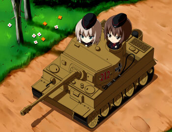 Rule 34 | 2girls, black hat, black jacket, blue eyes, brown eyes, brown hair, cross, crossed arms, enter enter mission!, garrison cap, girls und panzer, grass, grey hair, hat, highres, iron cross, itsumi erika, jacket, kuromorimine military uniform, long hair, military, military hat, military jacket, military uniform, military vehicle, motor vehicle, multiple girls, nishizumi maho, red shirt, shirt, smile, tank, tiger i, youmou usagi