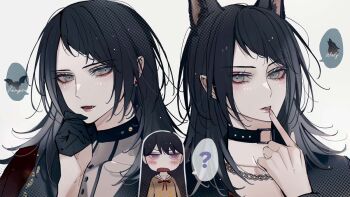 Rule 34 | 3girls, ?, animal ears, bang dream!, bang dream! it's mygo!!!!!, black choker, black gloves, black hair, blackfangs, blue eyes, blush, capelet, chain, chain necklace, choker, commentary, dual persona, fang, gloves, hanasakigawa school uniform, jewelry, kemonomimi mode, long hair, multiple girls, necklace, open mouth, purple eyes, red capelet, school uniform, shiina taki, spoken question mark, timoris (bang dream!), upper body, wolf ears, wolf girl, yahata umiri