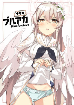 1girl beritabo blue_archive character_name clothes_lift commentary_request copyright_name dress dress_lift flower hair_flower hair_ornament halo highres lifting_own_clothes long_hair nagisa_(blue_archive) panties solo speech_bubble underwear white_dress wings