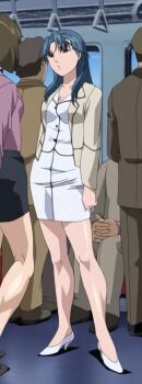 Rule 34 | anime screenshot, blue eyes, blue hair, breasts, high heels, highres, itazura, itazura the animation, jacket, long hair, non-web source, open clothes, open jacket, sayaka (itazura), shirt, skirt, stitched, third-party edit, train interior, white shirt, white skirt