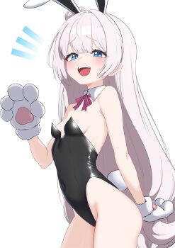 1girl absurdres animal_ears animal_hands armpit_crease bare_shoulders black_leotard blue_eyes blush bow bowtie breasts commentary_request commission covered_navel cowboy_shot detached_collar fake_animal_ears fake_tail gloves hair_bun highleg highleg_leotard highres korean_commentary leotard long_hair looking_at_viewer oldsickkim open_mouth original paw_gloves playboy_bunny rabbit_ears rabbit_tail simple_background single_side_bun small_breasts smile solo standing strapless strapless_leotard tail thighs very_long_hair white_background white_hair