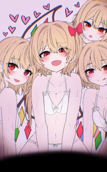4girls :q absurdres blonde_hair blush bow bow_bra bow_panties bra clone commentary_request crystal_wings fang flandre_scarlet four_of_a_kind_(touhou) hair_bow heart highres kiui_(dagk8254) looking_at_viewer multiple_girls multiple_persona navel panties pink_background pov red_bow red_eyes skin_fang smile stomach sweat tongue tongue_out touhou underwear underwear_only white_bra white_panties wings