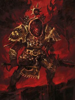 Rule 34 | 1boy, angron, armor, armored boots, artist name, axe, battle axe, belt, blank eyes, boots, butchers nails, cable, chaos (warhammer), colored skin, commentary, commission, couter, cuirass, daemon prince, demon, demon primarch, demon wings, dual wielding, english commentary, english text, glowing, glowing eyes, gold armor, gold belt, gorefather, highres, holding, holding axe, holding sword, holding weapon, khorne (symbol), looking to the side, mature male, muscular, muscular male, open mouth, ornate armor, oversized wings, pauldrons, pelvic curtain, pointy ears, poleyn, power armor, primarch, red background, red skin, sharp teeth, shimhaq, shoulder armor, signature, single vambrace, skull, skull ornament, solo, spiked armor, spikes, spinegrinder, sword, teeth, tongue, twitter username, vambraces, warhammer 40k, weapon, wings