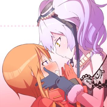 2girls blush goggles goggles_on_head grey_hair gundam gundam_zz hands_up head_grab highres looking_at_another looking_down looking_up multiple_girls nine_(super_robot_wars) onimaru_(onimal7802) pilot_suit purple_eyes puru_two scared super_robot_wars super_robot_wars_v twintails yellow_eyes yuri