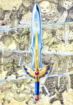 Rule 34 | 6+boys, ancestor and descendant, armor, cape, claws, commentary request, cosplay, dragon, dragon lord, dragon quest, dragon quest i, dragon quest ii, dragon quest iii, dragon quest xi, dual wielding, erdrick's shield, erdrick's sword, extra arms, facing away, fake horns, fingernails, fins, fire, gem, giant, gloves, hatching (texture), head fins, helmet, hero (dq1), hero (dq11), hero (dq3), highres, holding, holding shield, holding weapon, horned helmet, horns, in-franchise crossover, jewelry, m1 dqplayer, male focus, medium hair, monochrome background, monster boy, multiple boys, necklace, nizzelpha, official alternate costume, open mouth, pillar, prince of lorasia, red gem, robe, roche (dq11), roche (dq11) (cosplay), roto's emblem, roto (dq3), rubble, scales, sharp fingernails, sharp teeth, shield, short hair, sidoh, skull necklace, snake head tail, spiked hair, spot color, sword, tail, teeth, tunic, weapon, zoma