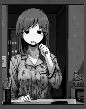 1girl basket breasts brushing_teeth buttons collarbone dithering food_print fruit_print grape_print greyscale hamsterfragment hand_up holding holding_toothbrush indoors jaggy_lines lapels light_switch lowres medium_breasts medium_hair monochrome no_nose notched_lapels open_mouth original pajamas plastic_bottle print_pajamas sink solo shinohata_sachie_(hamsterfragment) toothbrush upper_body