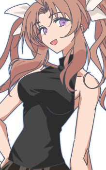 1girl absurdres alternate_costume black_shirt black_skirt breasts brown_eyes commentary_request highres kagerou_(kancolle) kagerou_kai_ni_(kancolle) kantai_collection medium_breasts purple_eyes shirt simple_background skirt sleeveless sleeveless_shirt solo tsukasa_(tukasa_br) turtleneck turtleneck_shirt twintails upper_body white_background