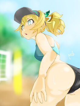 0710sekaowa 1girl 2025 alternate_hairstyle aqua_bow arched_back artist_logo ass bare_legs bare_shoulders beach bikini black_bikini black_hat blonde_hair blue_eyes blurry blurry_background bow breasts collarbone commentary cowboy_shot crop_top day depth_of_field female_focus hair_between_eyes hat hololive kazama_iroha logo looking_to_the_side medium_breasts open_mouth outdoors ponytail ringed_eyes solo sweat swimsuit thick_thighs thighs virtual_youtuber visor_cap volleyball_net