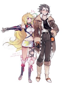Rule 34 | 1boy, 1girl, absurdres, alvin (tales), artist name, blonde hair, breasts, brown coat, brown pants, closed mouth, coat, commentary request, dated, full body, hand on own hip, highres, long hair, looking at another, medium breasts, milla maxwell, nancykittyu, navel, open mouth, pants, pink eyes, short hair, skirt, smile, tales of (series), tales of xillia, watermark, white skirt